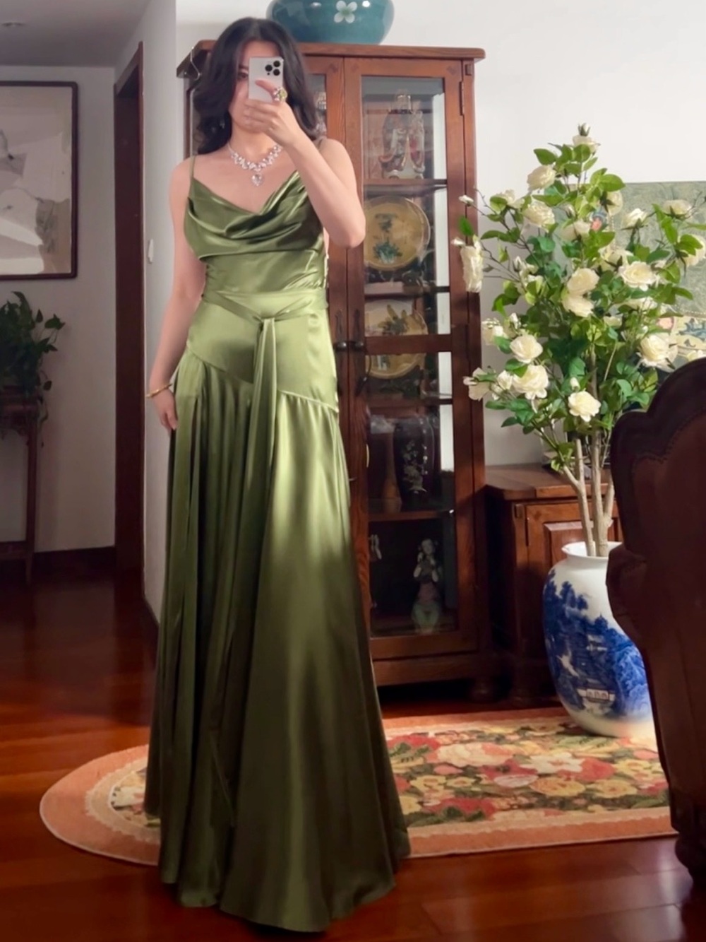 Bronx & Banco LEO Green Satin HighSlit Tassel Embellished SlipGown Dress L NWOT